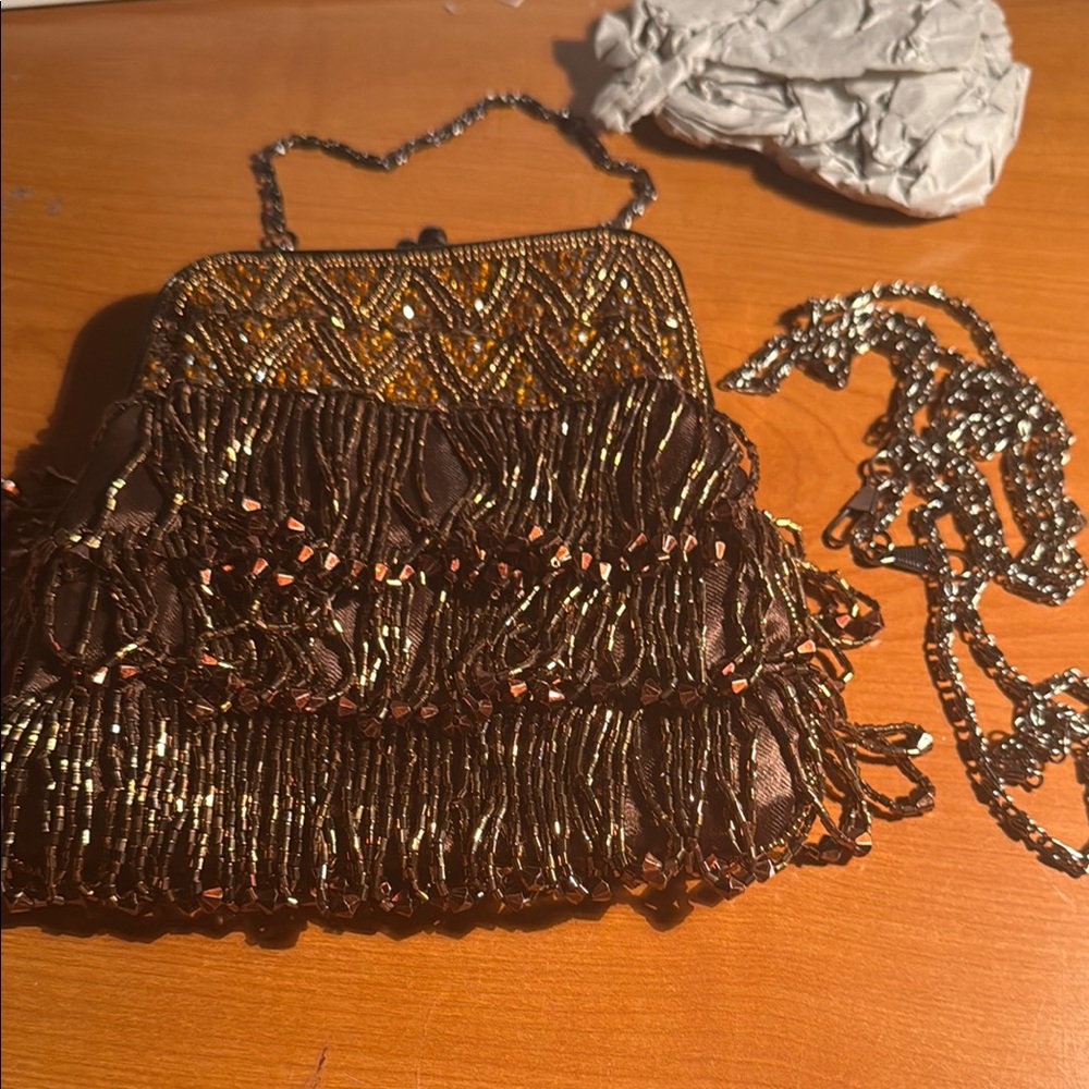 Beaded Evening Bag with Gold and Brown Accents